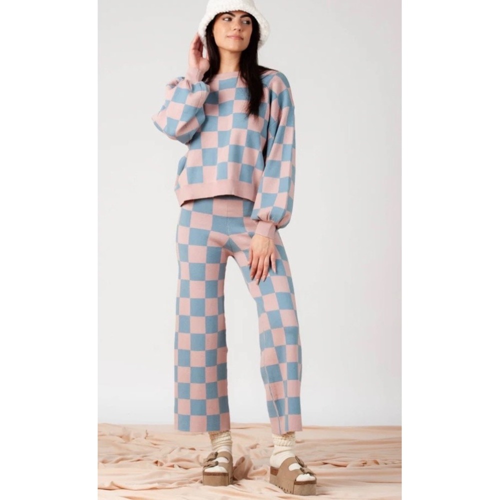 Lucca Checkered Sweater Pants Women's Large Wide Leg Cozy Casual Knit Retro Y2K